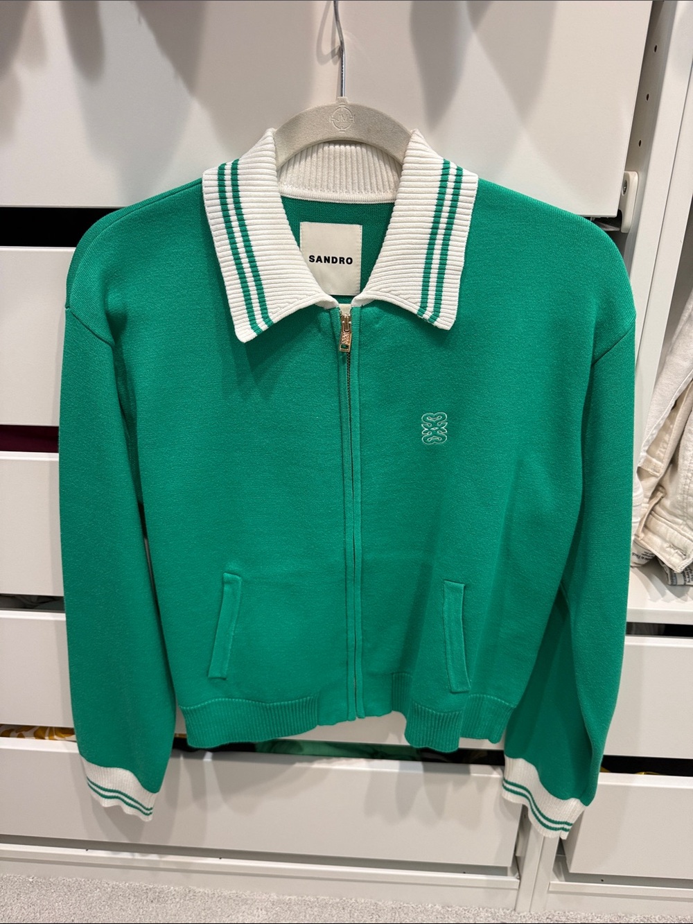 Sandro Women’s  Green Zip-Front Jacket with White-Trim Collar